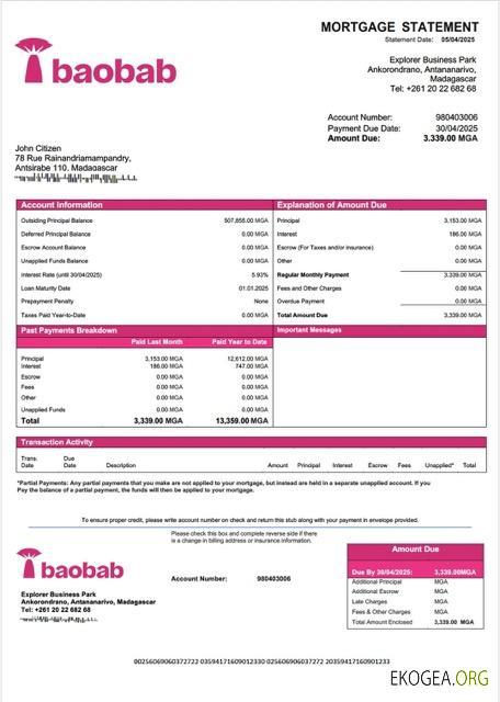 Madagascar Baobab Banque Madagascar relevé hypothécaire modèle Word et PDF